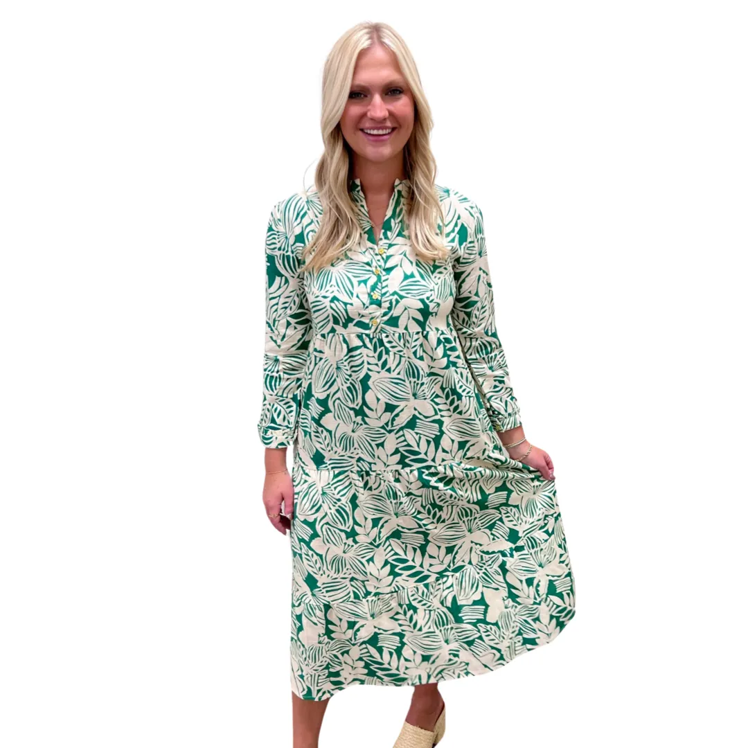 The Penny Long Length Dress in Emerald and Cream