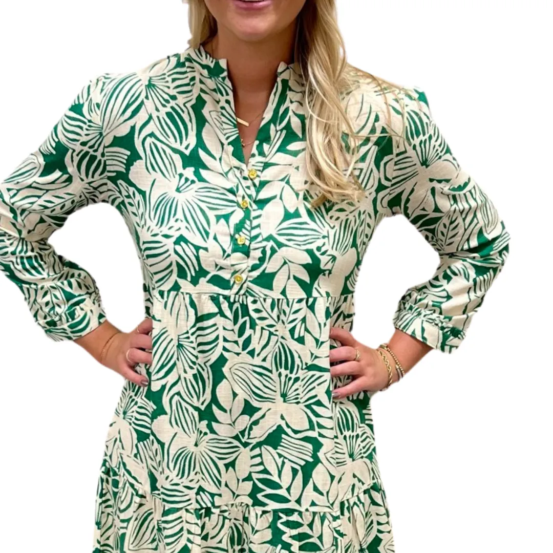 The Penny Long Length Dress in Emerald and Cream
