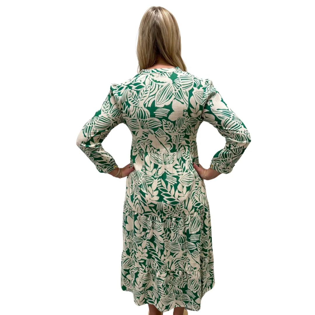 The Penny Long Length Dress in Emerald and Cream