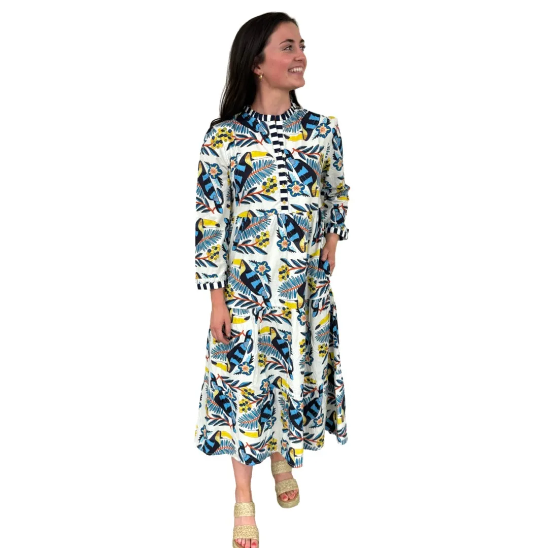 The Penny Toucan Print Midi Dress with Striped Trim