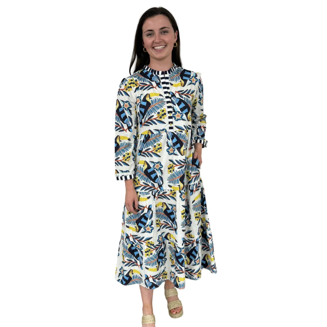 The Penny Toucan Print Midi Dress with Striped Trim