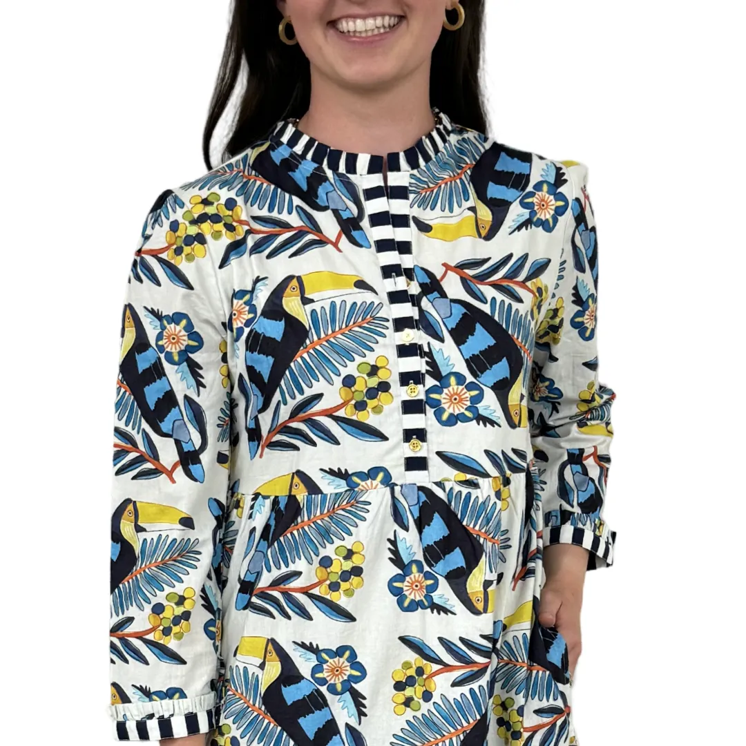 The Penny Toucan Print Midi Dress with Striped Trim