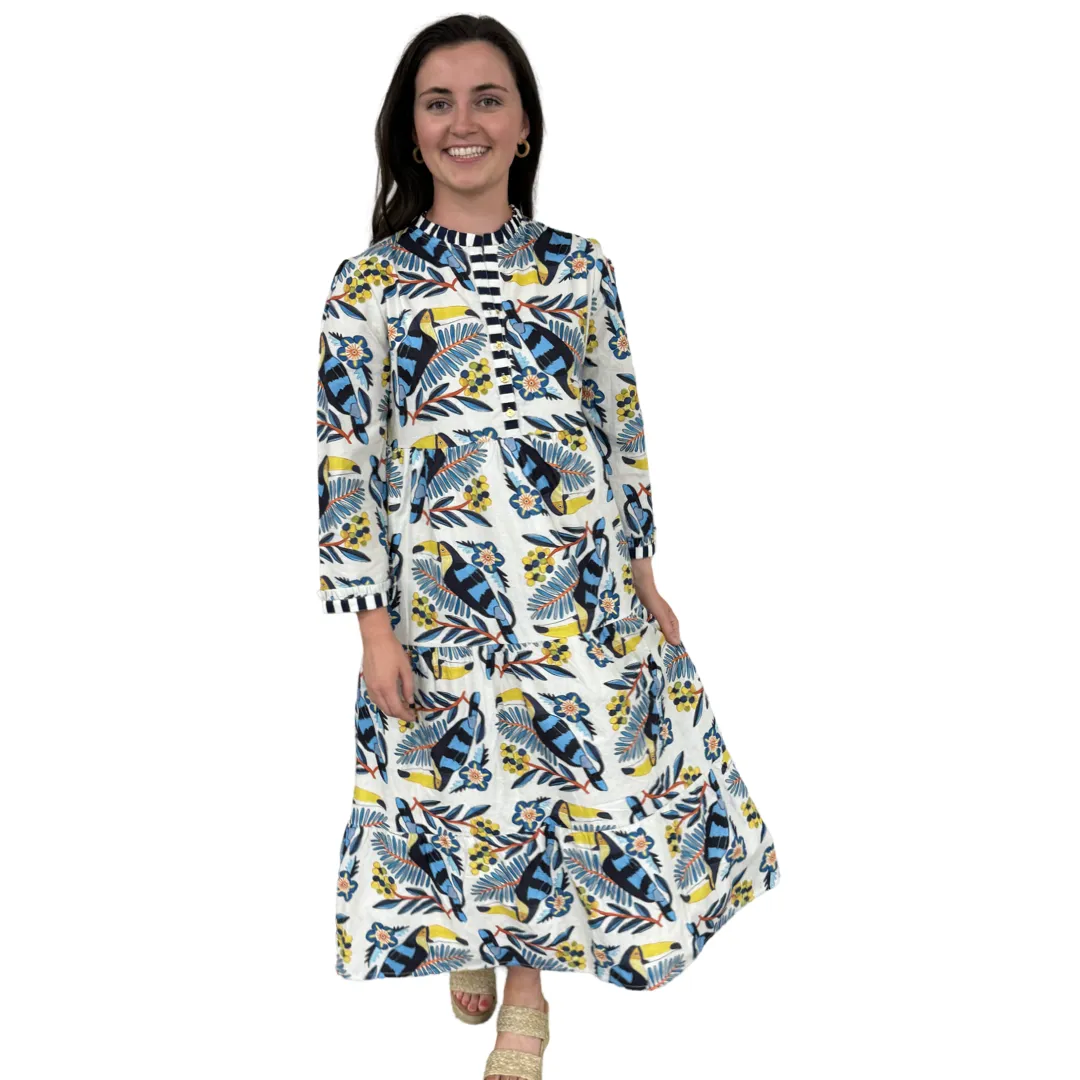 The Penny Toucan Print Midi Dress with Striped Trim
