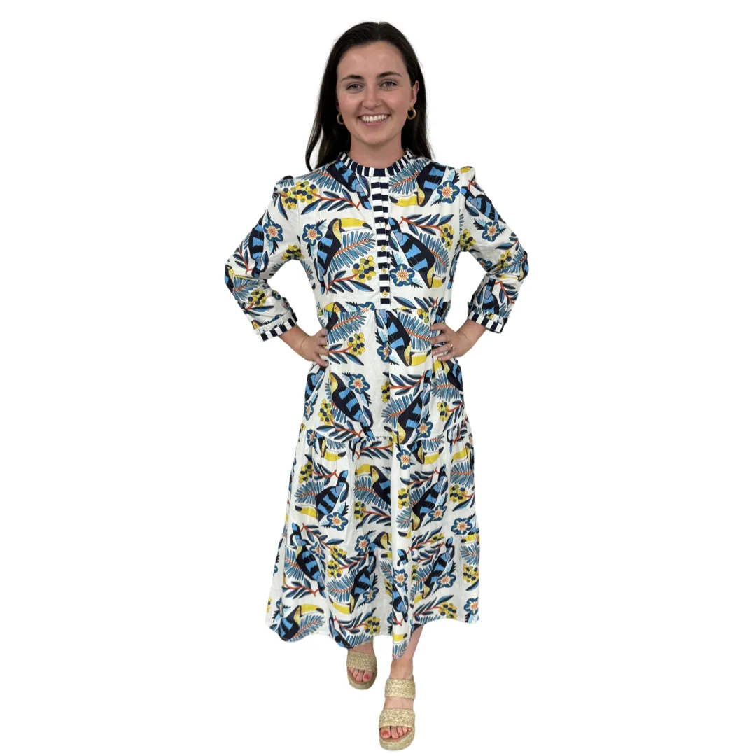 The Penny Toucan Print Midi Dress with Striped Trim