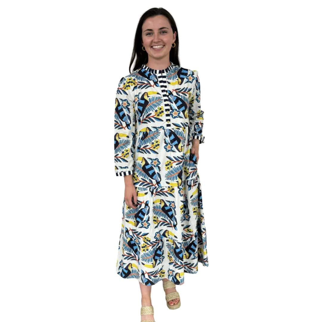 The Penny Toucan Print Midi Dress with Striped Trim