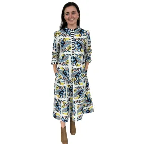 The Penny Toucan Print Midi Dress with Striped Trim