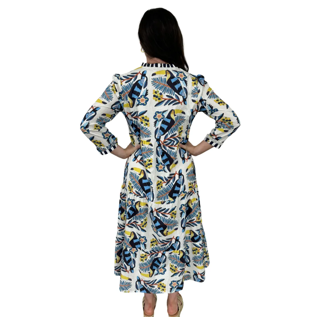 The Penny Toucan Print Midi Dress with Striped Trim