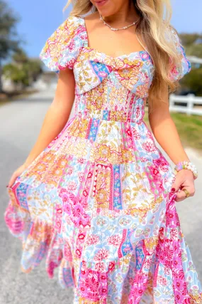THML Juliette Patchwork Pink & Blue Puff Sleeve Maxi Dress