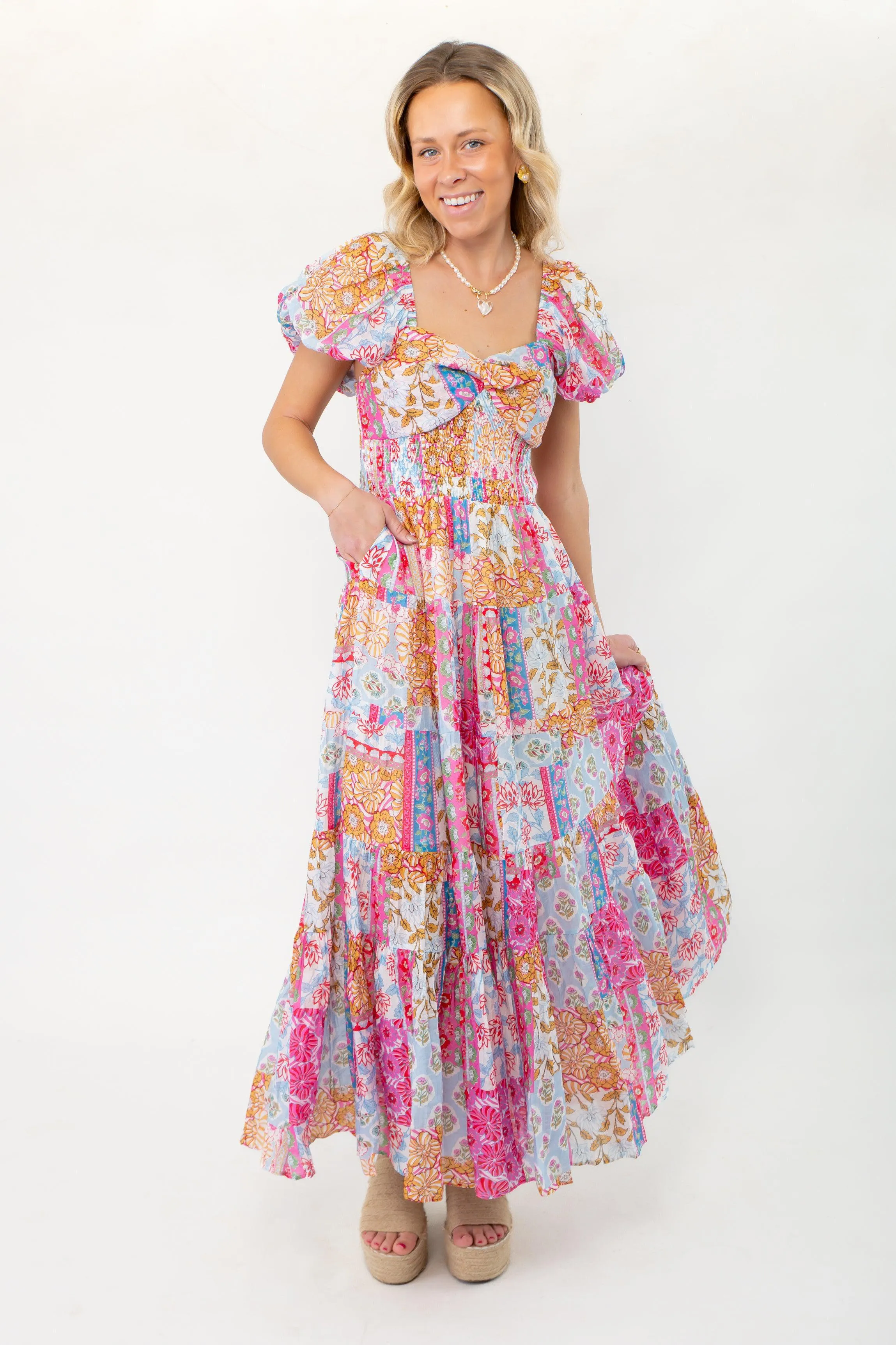 THML Juliette Patchwork Pink & Blue Puff Sleeve Maxi Dress