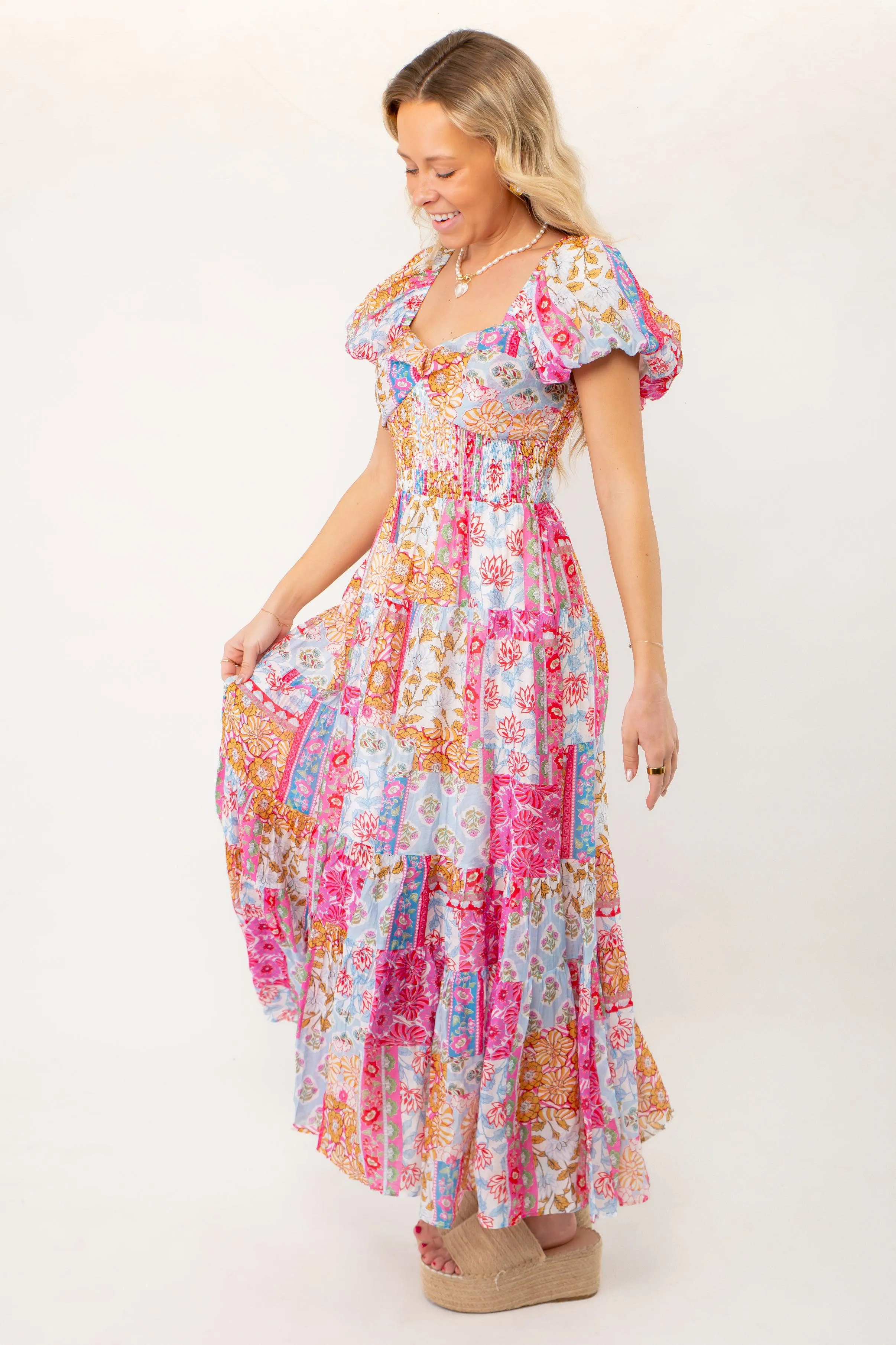 THML Juliette Patchwork Pink & Blue Puff Sleeve Maxi Dress