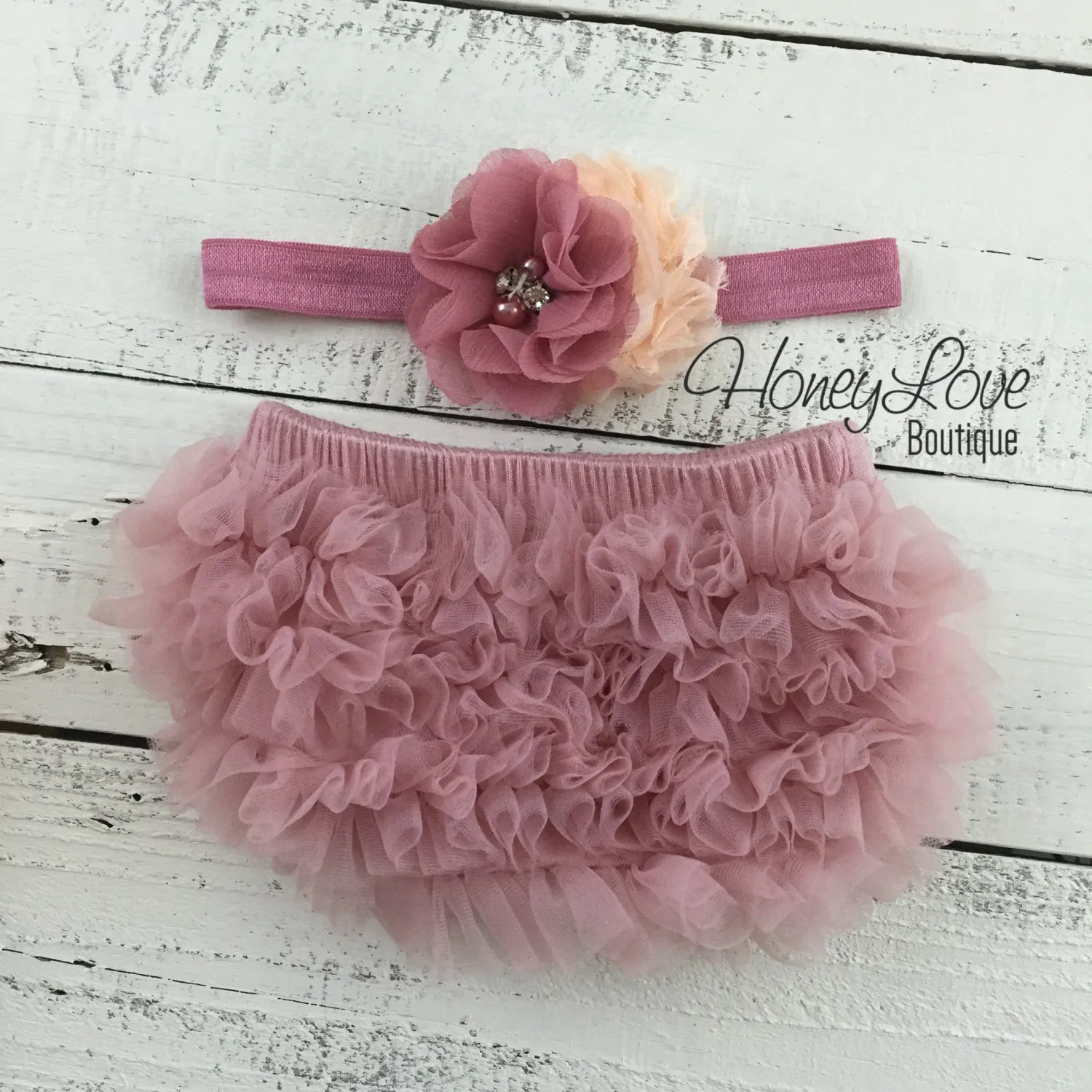 TWIN GIRLS! Peach and Vintage Pink ruffle bottom bloomers and matching headbands
