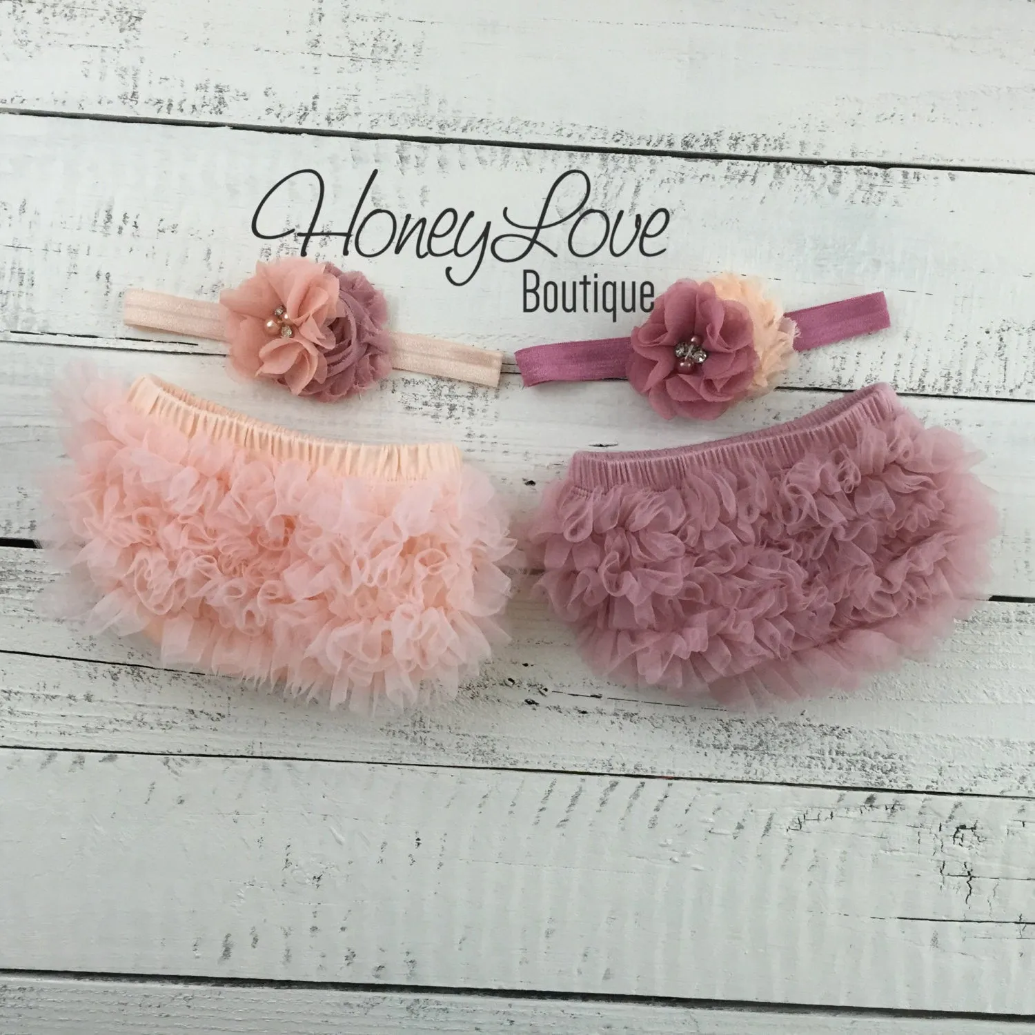 TWIN GIRLS! Peach and Vintage Pink ruffle bottom bloomers and matching headbands
