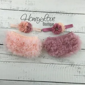 TWIN GIRLS! Peach and Vintage Pink ruffle bottom bloomers and matching headbands