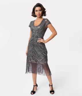 Unique Vintage 1920s Grey Beaded Cap Sleeve Renaldo Cocktail Dress