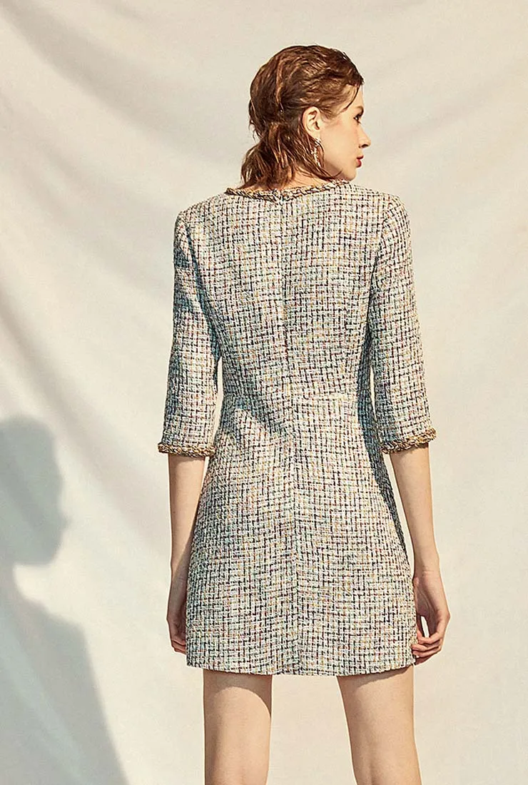 V-neck A-line Classic Style Tweed Mini Dress