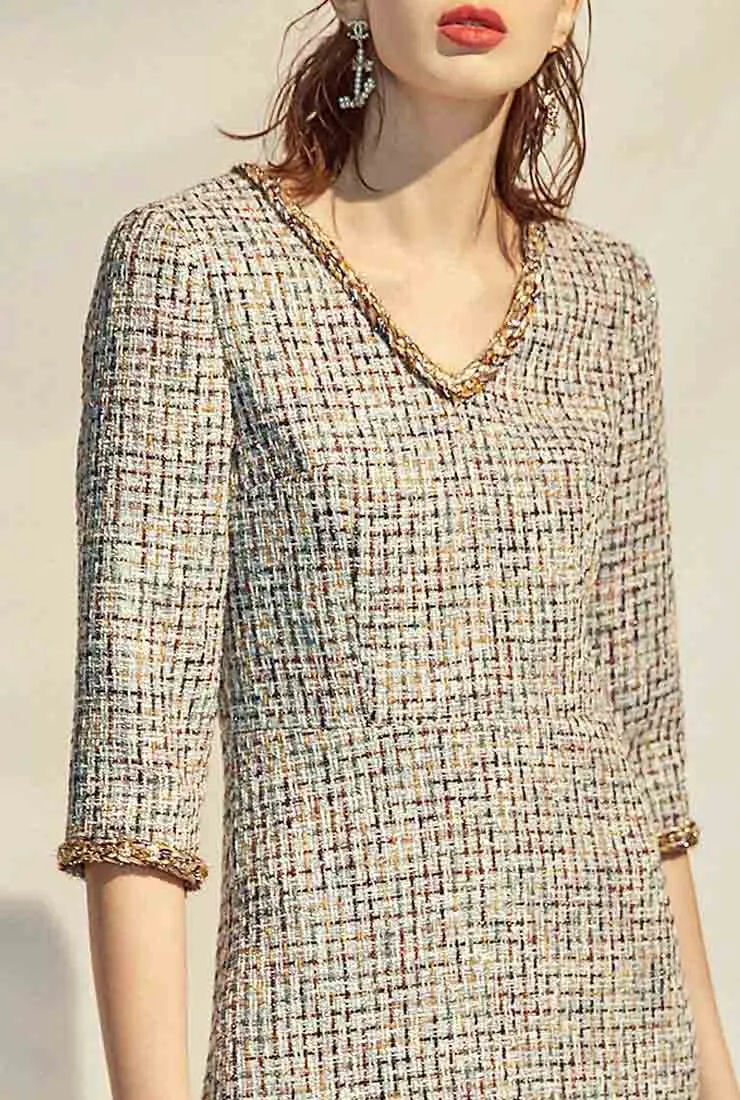 V-neck A-line Classic Style Tweed Mini Dress