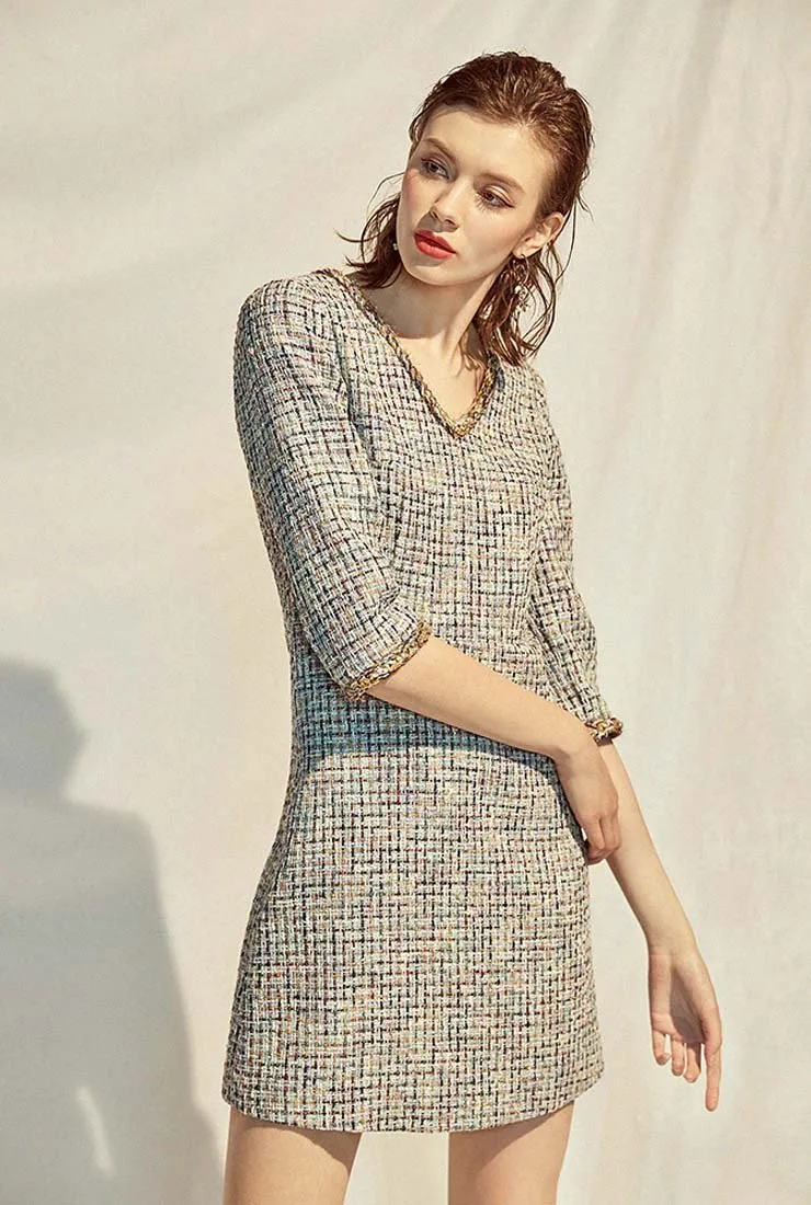 V-neck A-line Classic Style Tweed Mini Dress