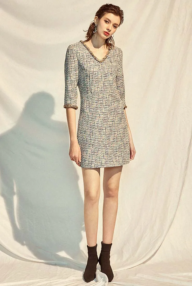 V-neck A-line Classic Style Tweed Mini Dress