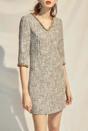 V-neck A-line Classic Style Tweed Mini Dress