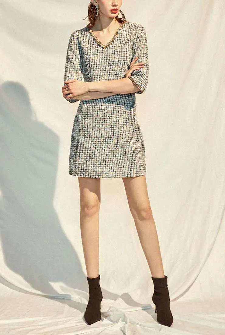 V-neck A-line Classic Style Tweed Mini Dress