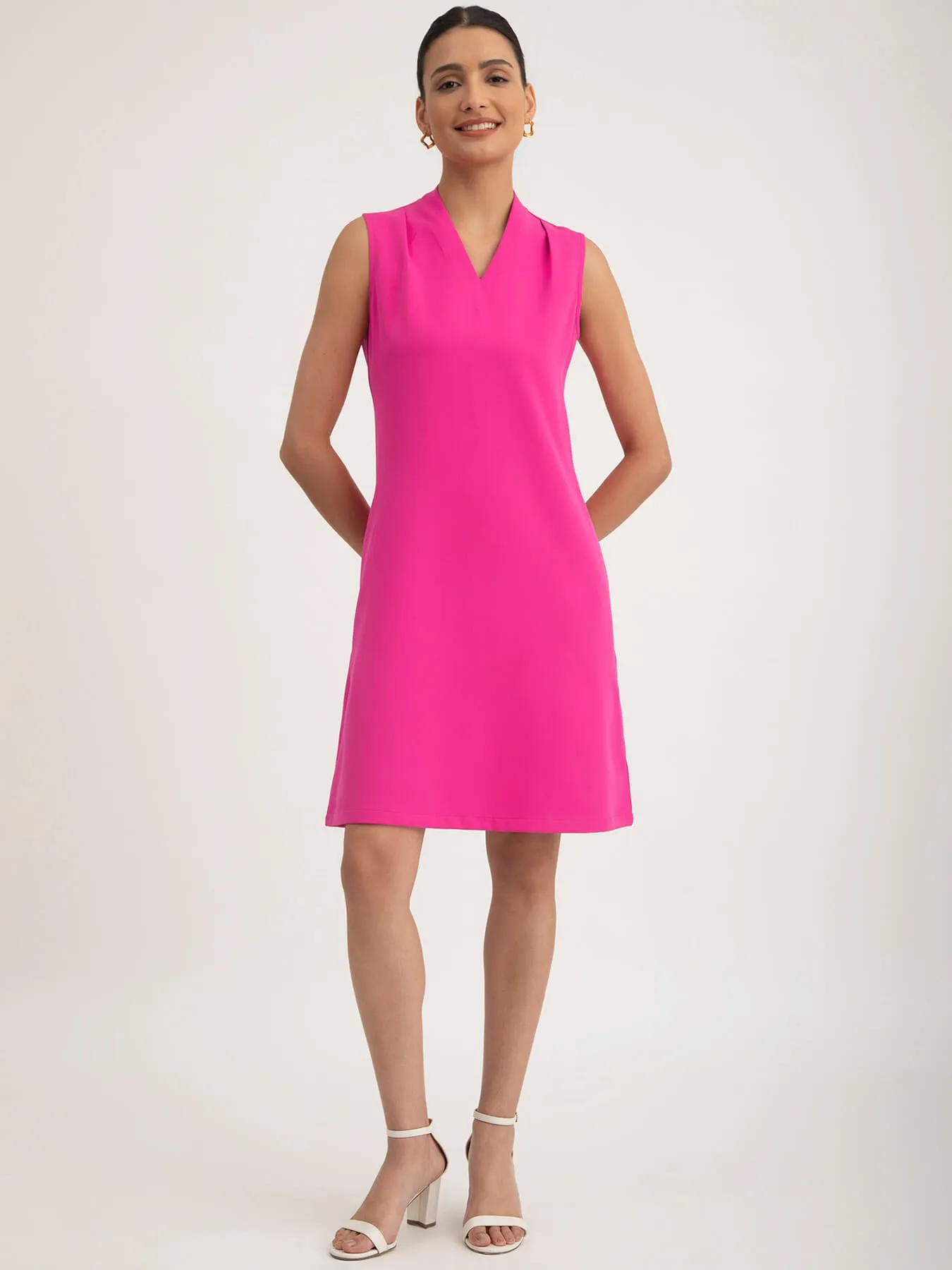 V-Neck A-Line Dress - Fuchsia