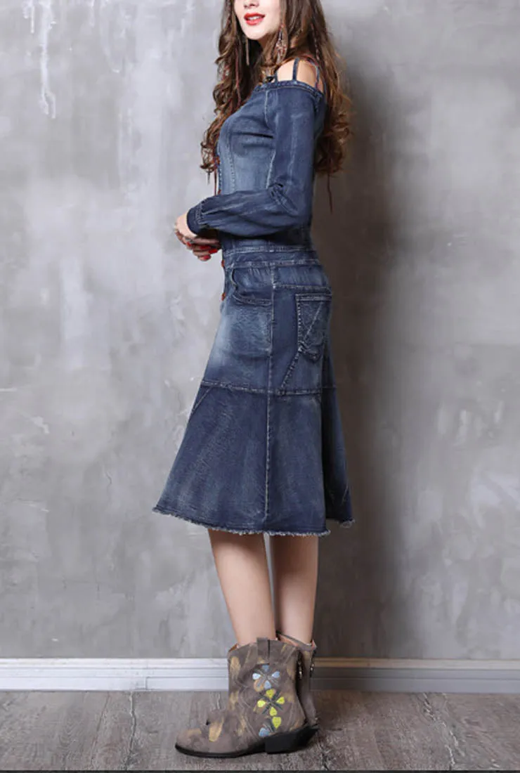 Vintage Ruffled Long-sleeved Denim Dress