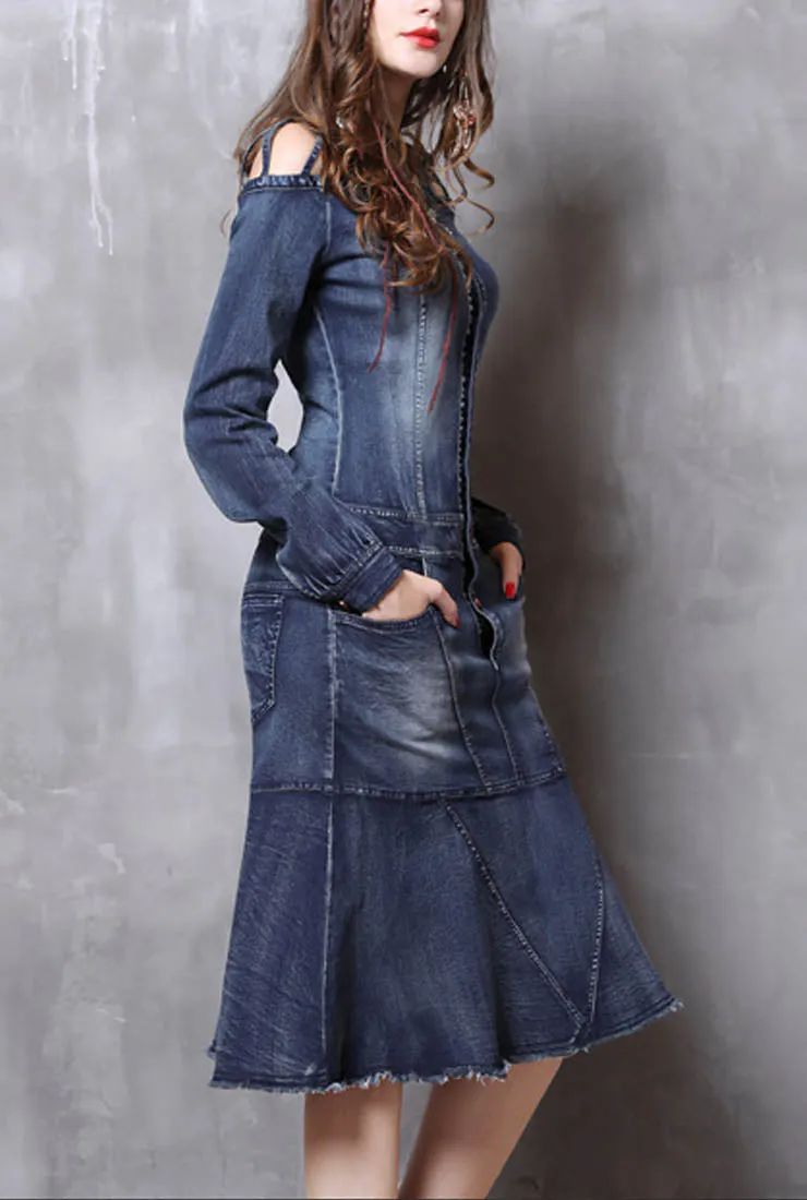 Vintage Ruffled Long-sleeved Denim Dress