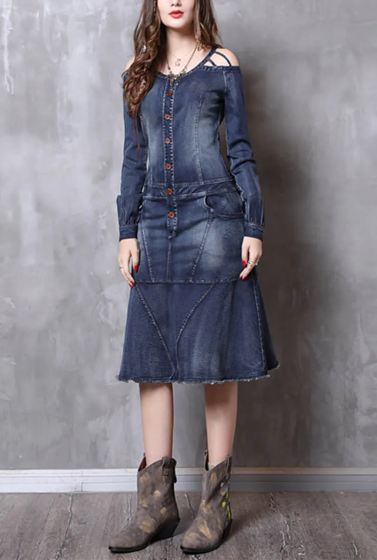 Vintage Ruffled Long-sleeved Denim Dress