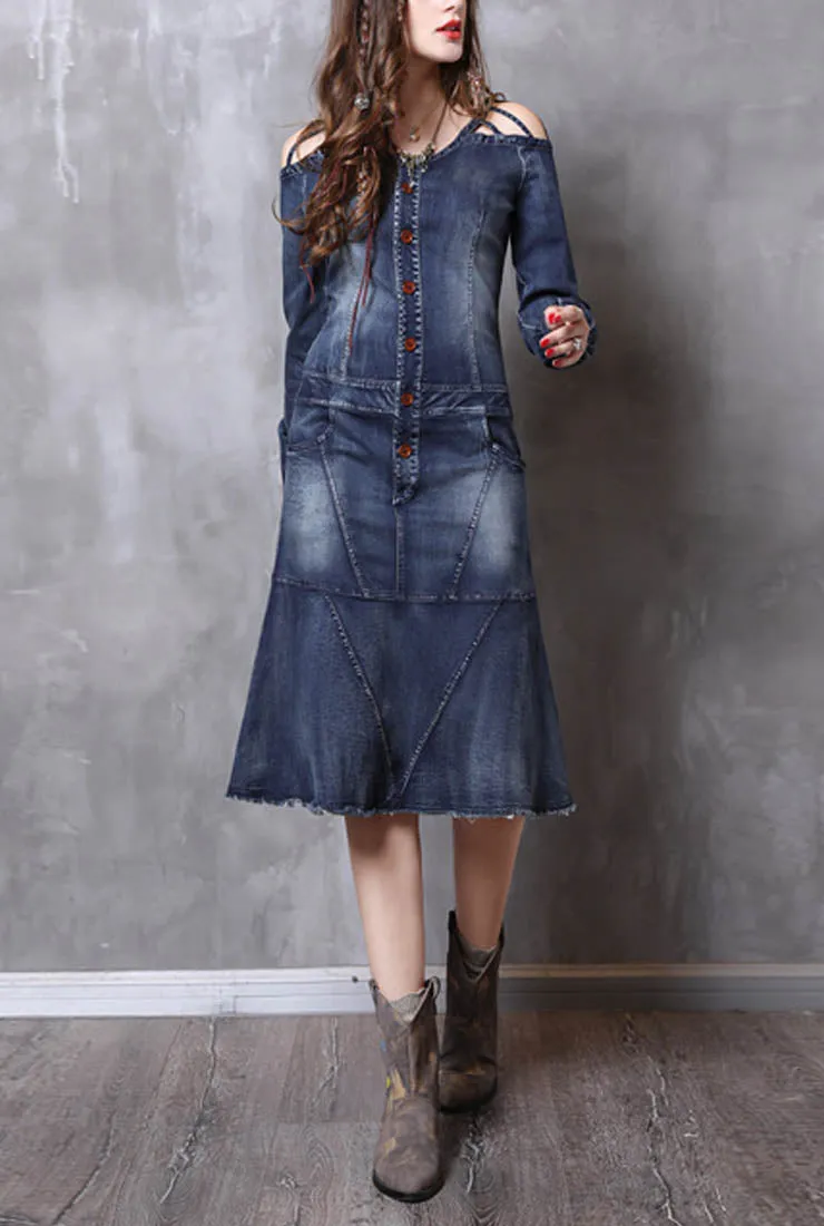 Vintage Ruffled Long-sleeved Denim Dress
