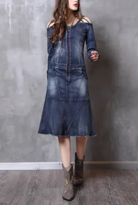 Vintage Ruffled Long-sleeved Denim Dress