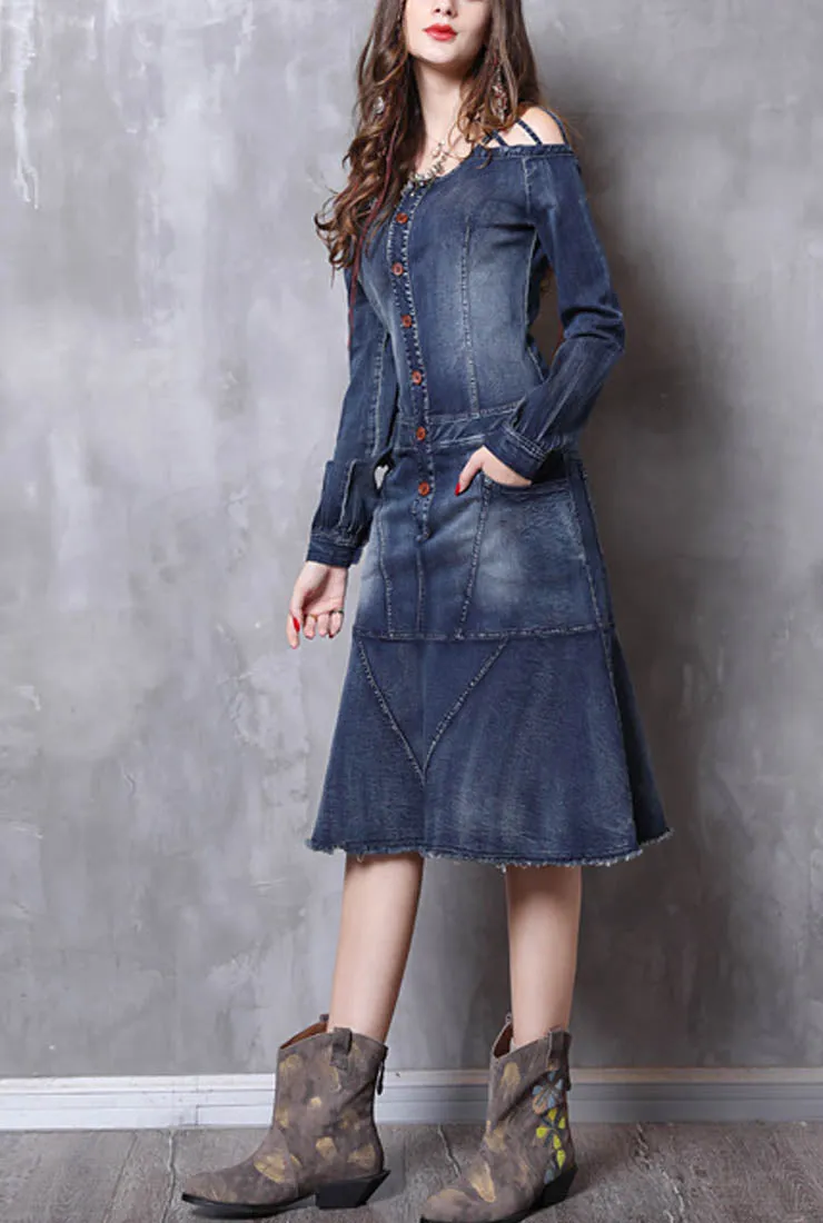 Vintage Ruffled Long-sleeved Denim Dress