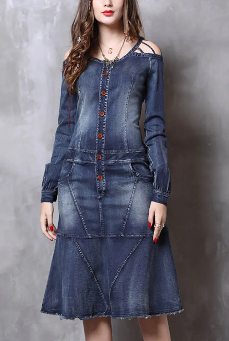 Vintage Ruffled Long-sleeved Denim Dress