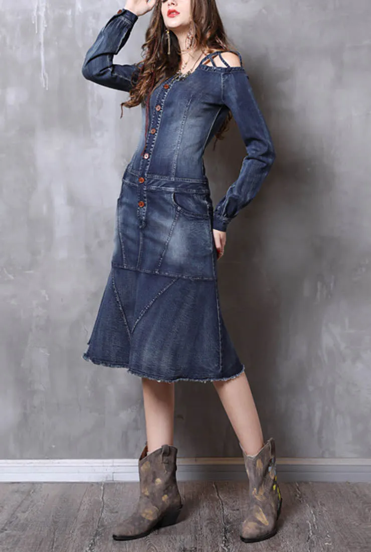 Vintage Ruffled Long-sleeved Denim Dress