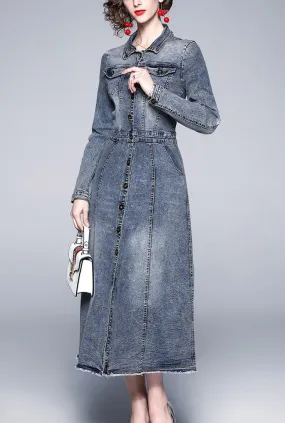 Vintage Slim-Fit Maxi Length Denim Shirt Dress