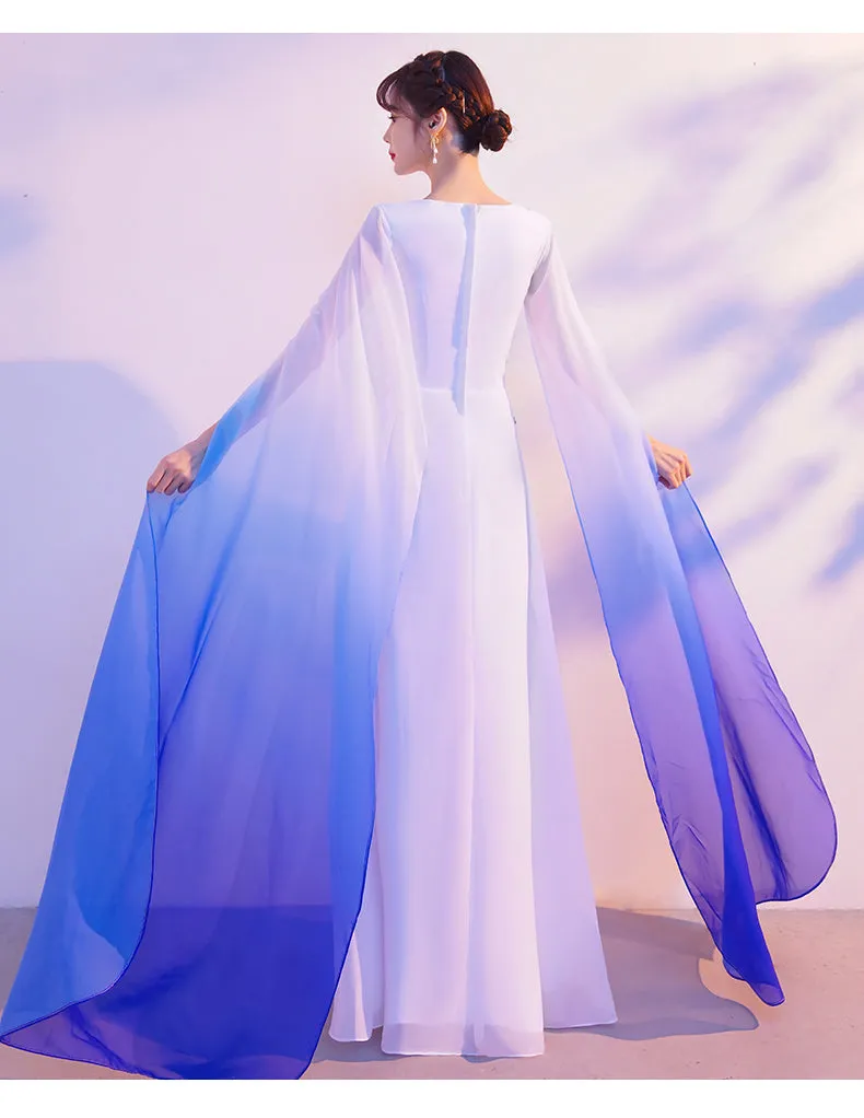White & Blue Gradient Floating Long Dress - GlamzLife