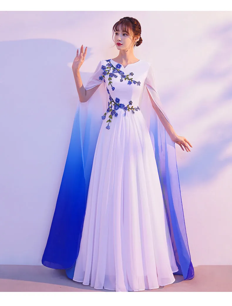 White & Blue Gradient Floating Long Dress - GlamzLife