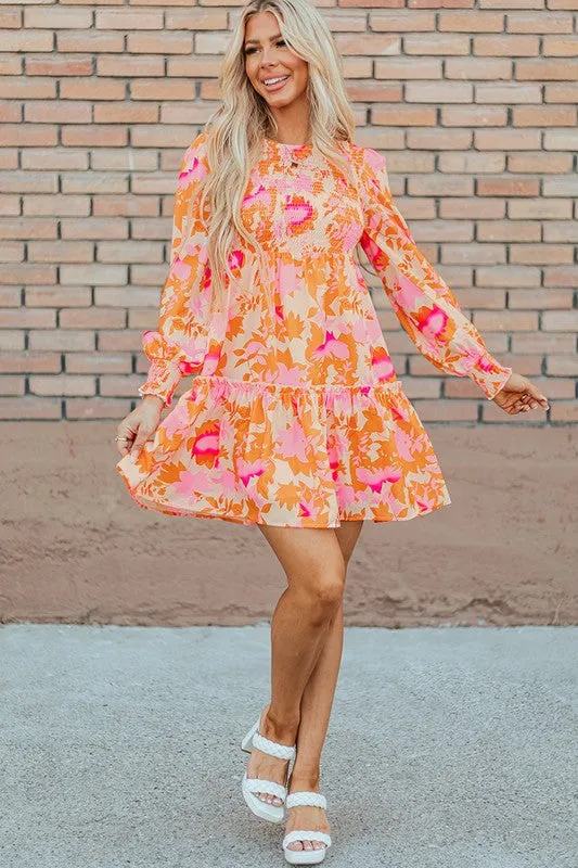 Women Smocked Lantern Sleeve Ruffle Mini Dress