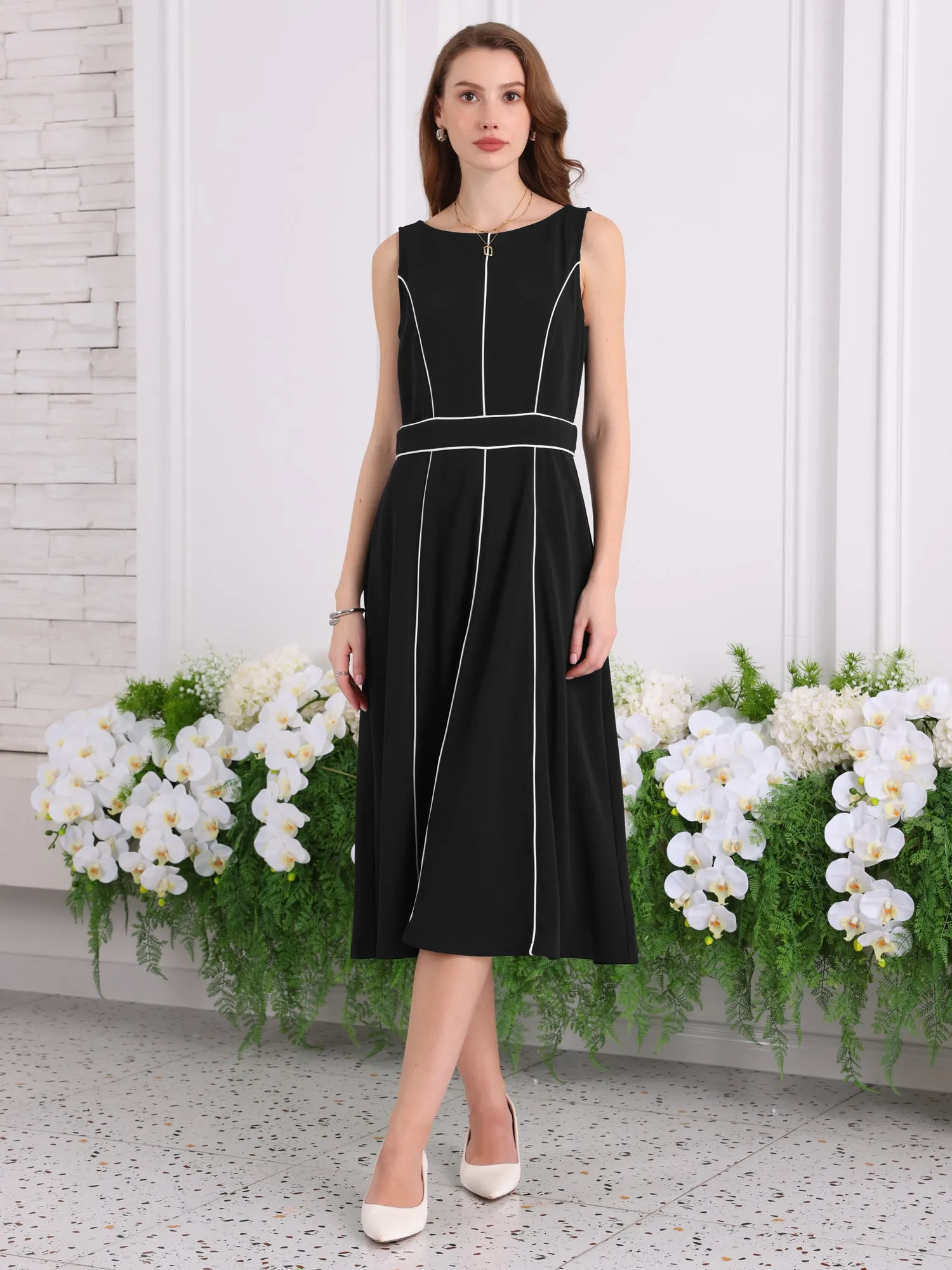 Women's A-Line Sleeveless Dress Contrast Trim Wear to Work Cocktail Fit & Flare Dresses