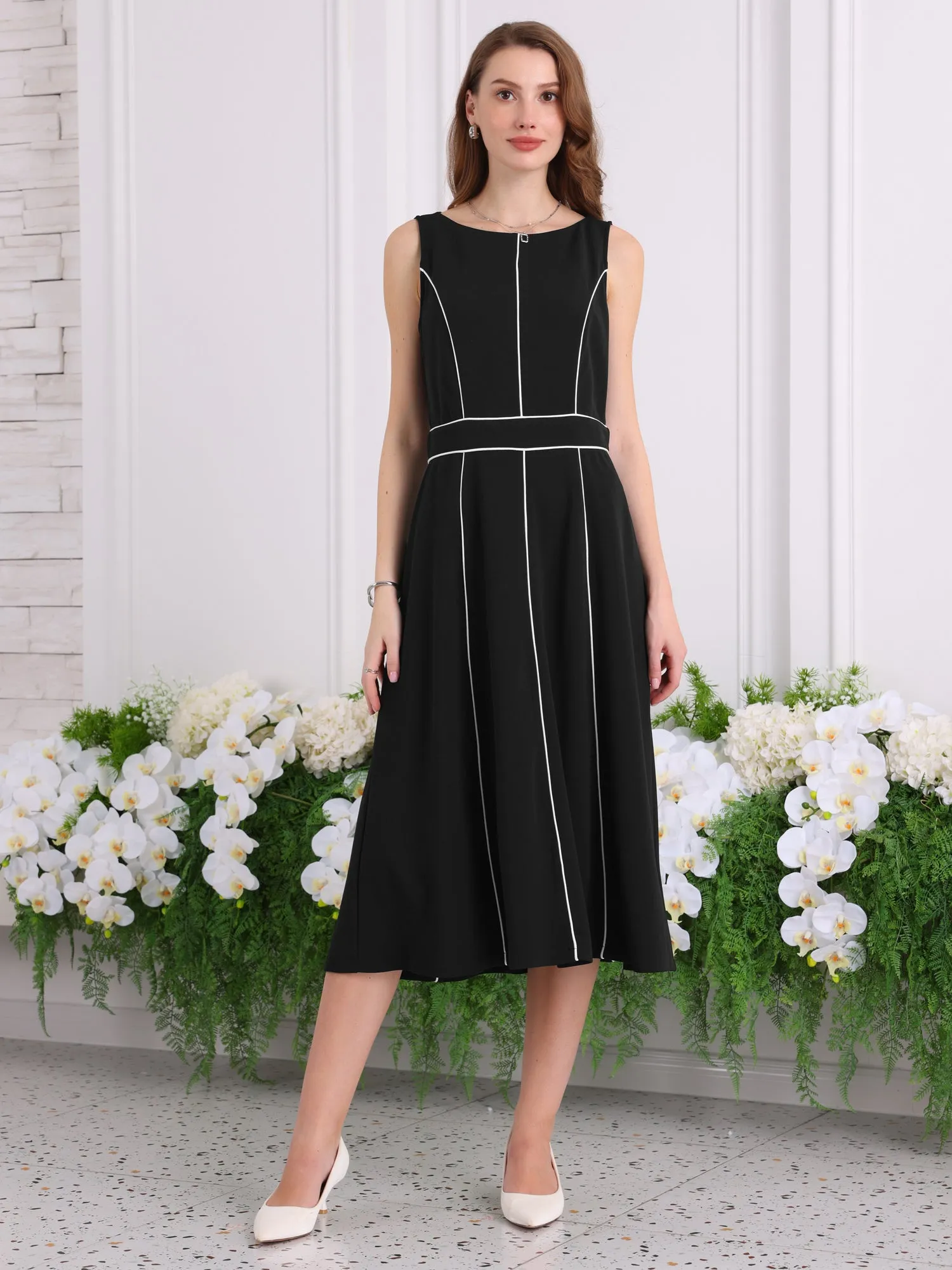Women's A-Line Sleeveless Dress Contrast Trim Wear to Work Cocktail Fit & Flare Dresses