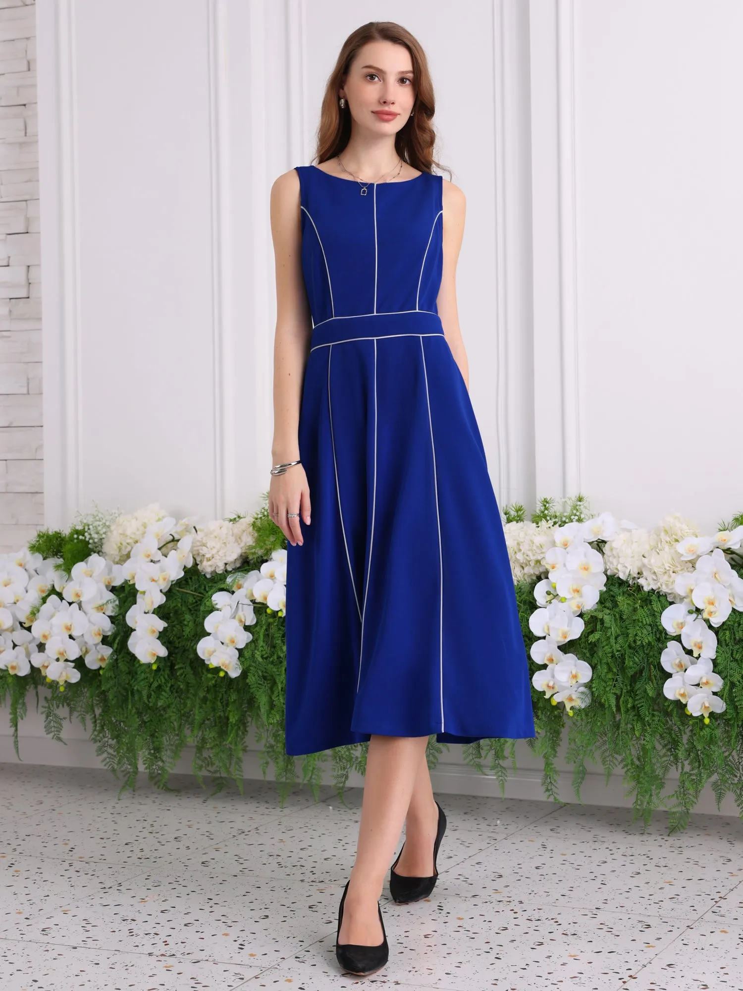 Women's A-Line Sleeveless Dress Contrast Trim Wear to Work Cocktail Fit & Flare Dresses