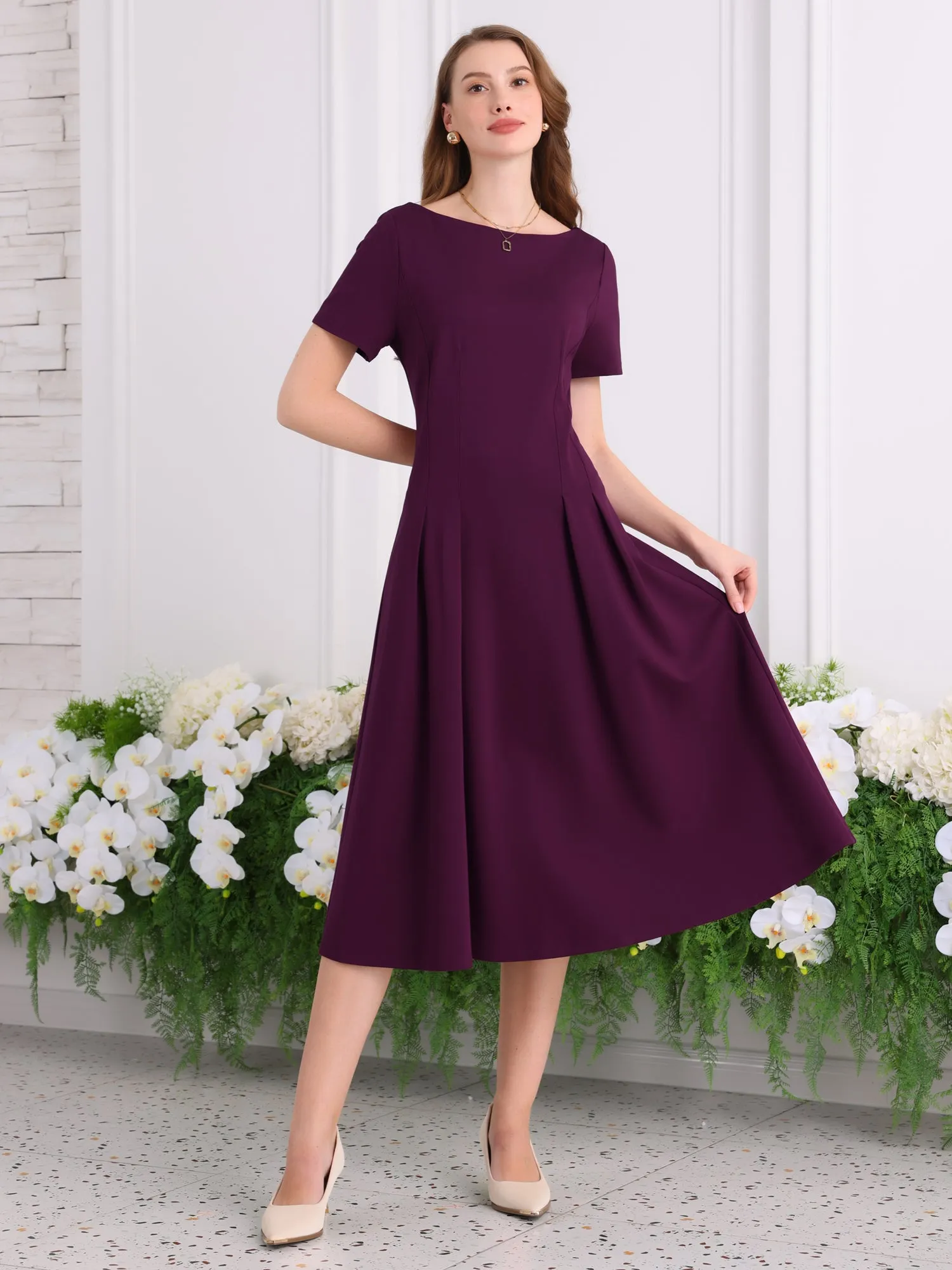 Women's Boat Neck Dresses 2025 Midi Swing Work A-Line Dress