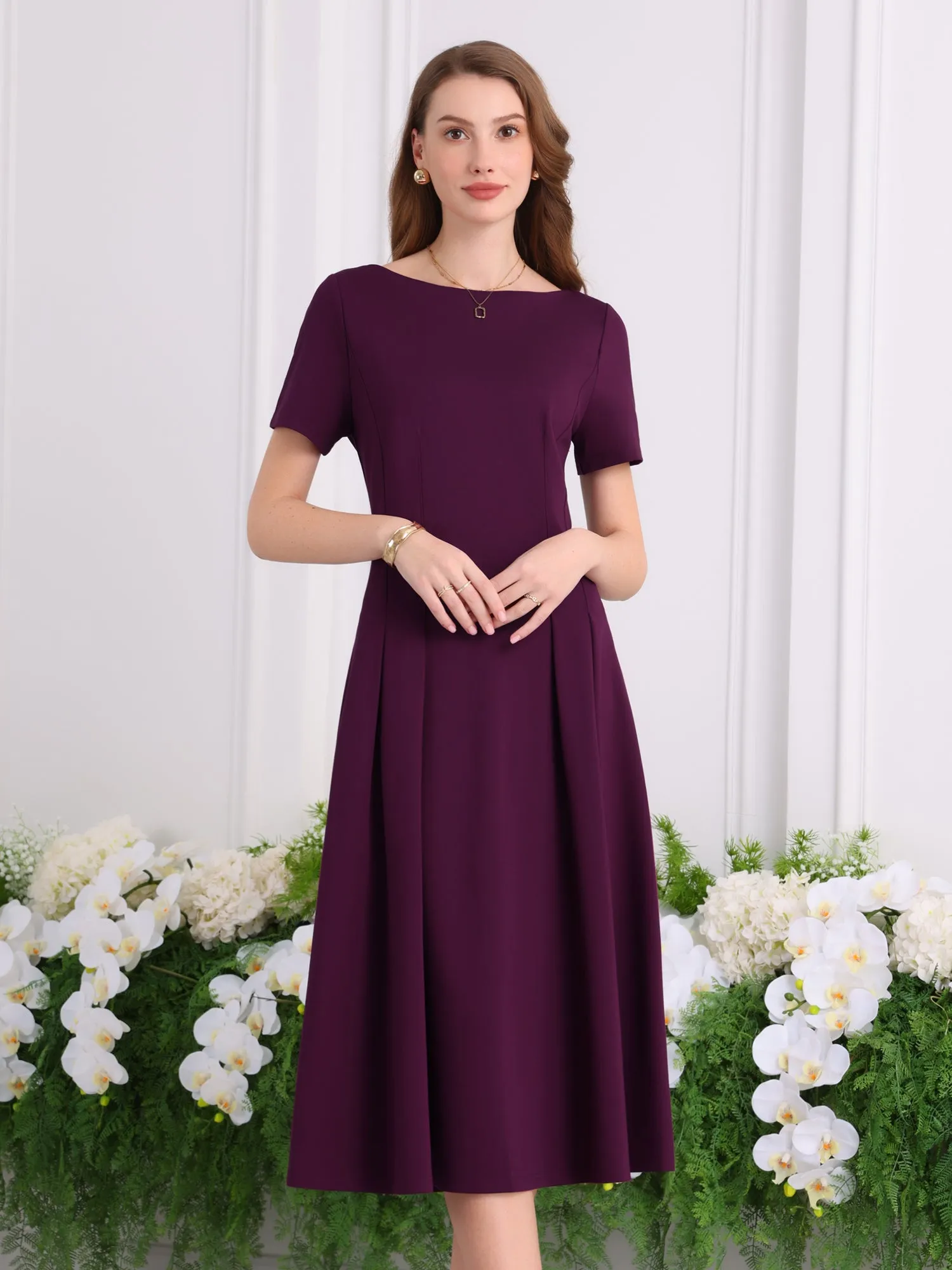 Women's Boat Neck Dresses 2025 Midi Swing Work A-Line Dress