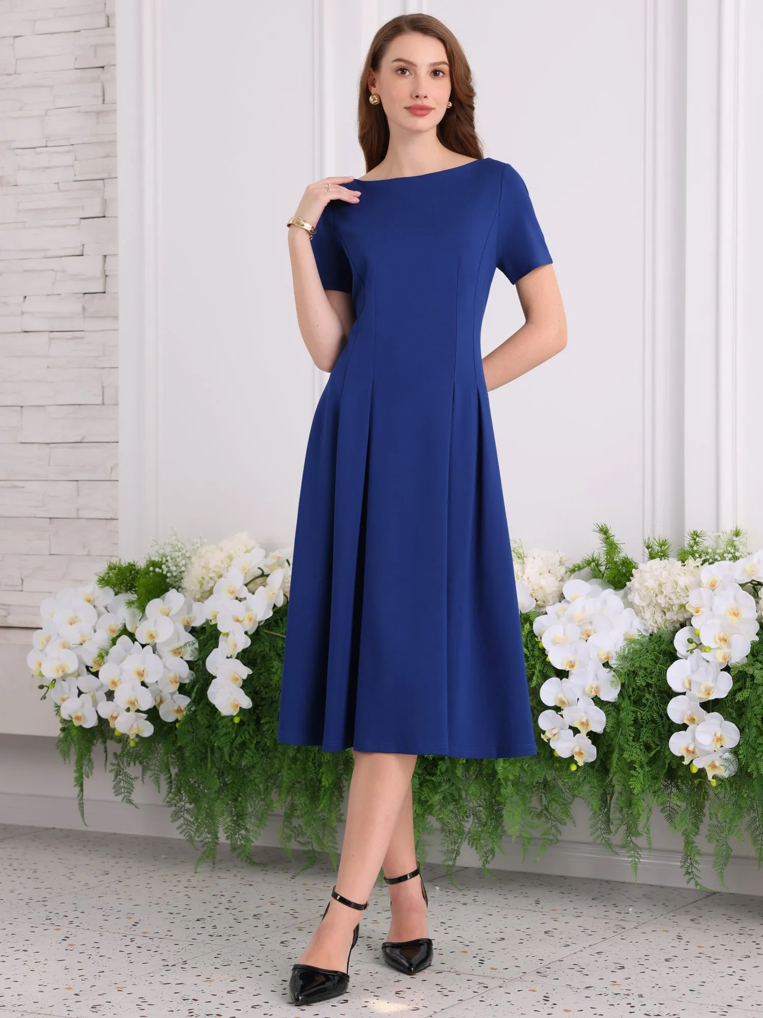 Women's Boat Neck Dresses 2025 Midi Swing Work A-Line Dress