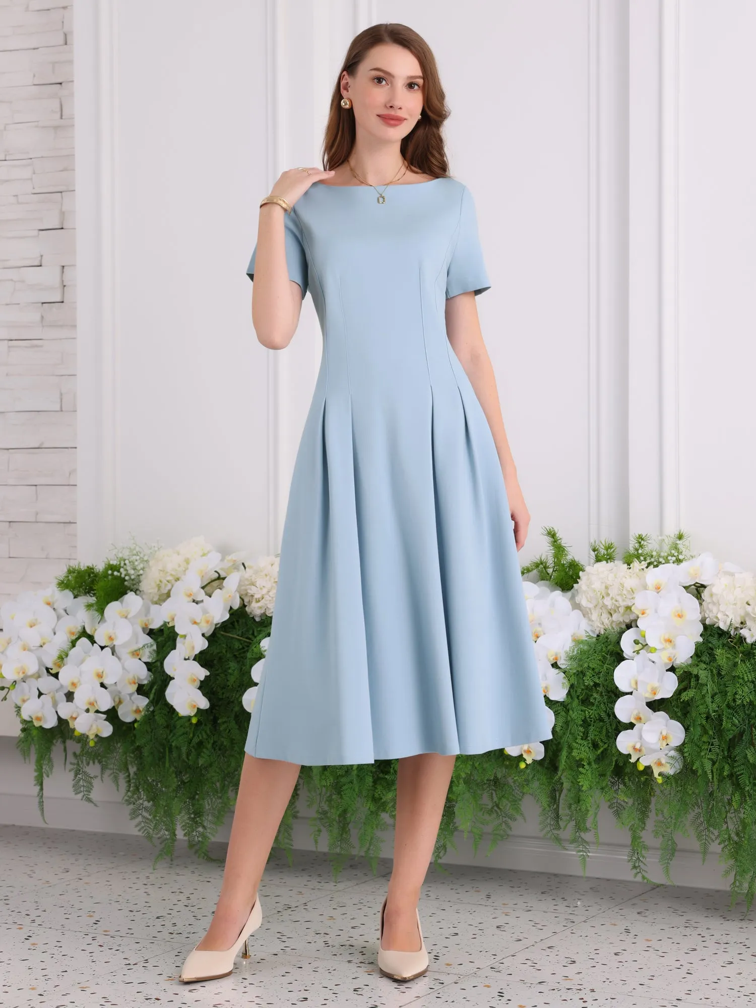 Women's Boat Neck Dresses 2025 Midi Swing Work A-Line Dress
