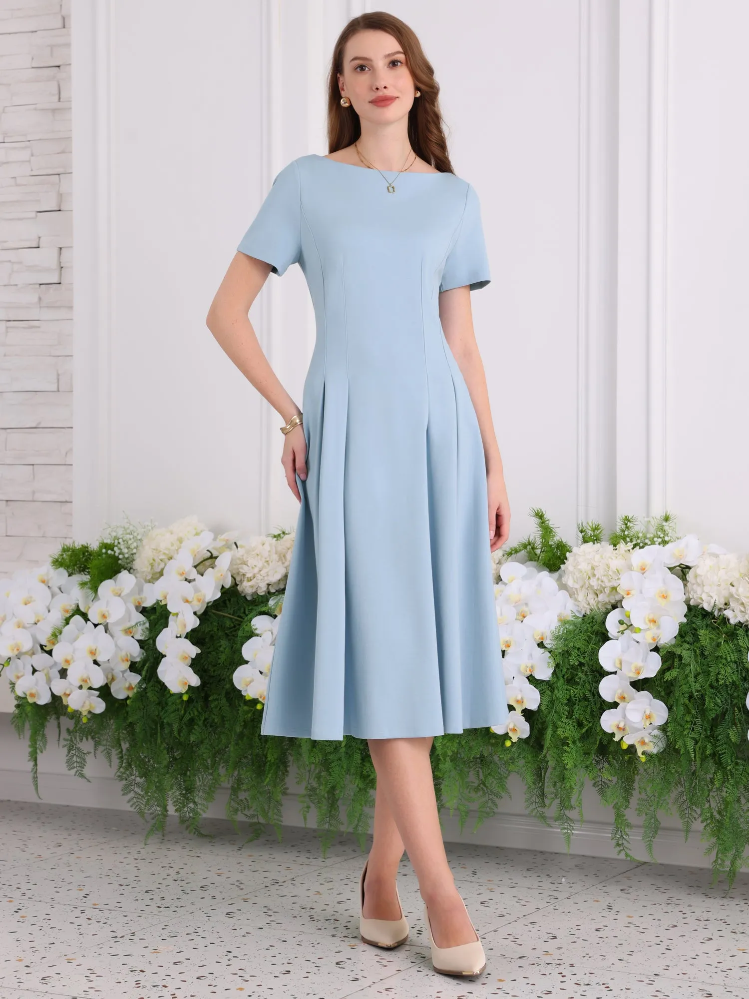 Women's Boat Neck Dresses 2025 Midi Swing Work A-Line Dress