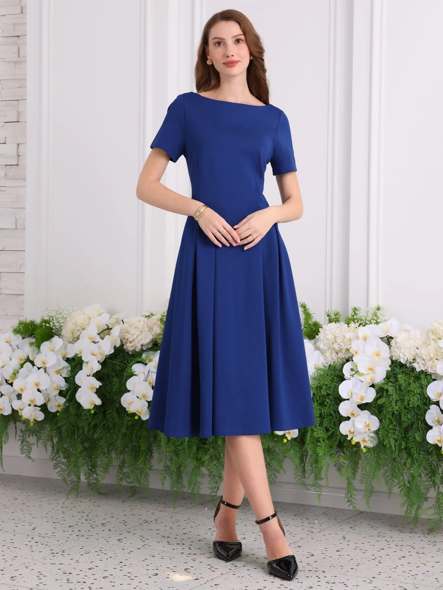 Women's Boat Neck Dresses 2025 Midi Swing Work A-Line Dress