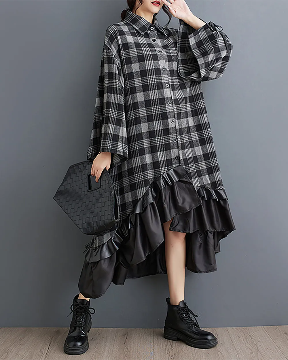 Women's Shirt Dress Lapel Button Down Long Sleeve Black and Grey Plaid High Low Flowy Hem String Loose GZ285
