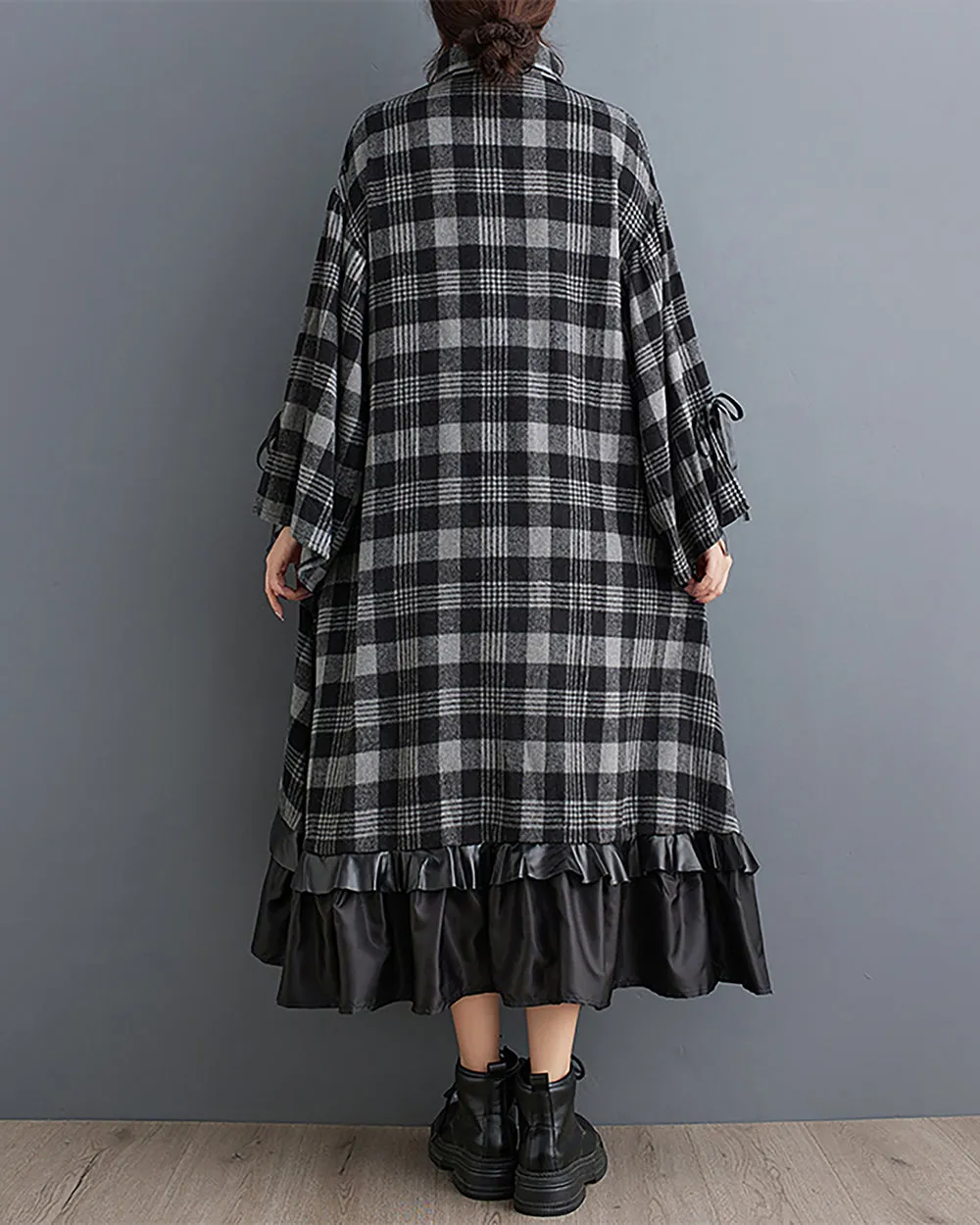 Women's Shirt Dress Lapel Button Down Long Sleeve Black and Grey Plaid High Low Flowy Hem String Loose GZ285