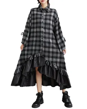 Women's Shirt Dress Lapel Button Down Long Sleeve Black and Grey Plaid High Low Flowy Hem String Loose GZ285