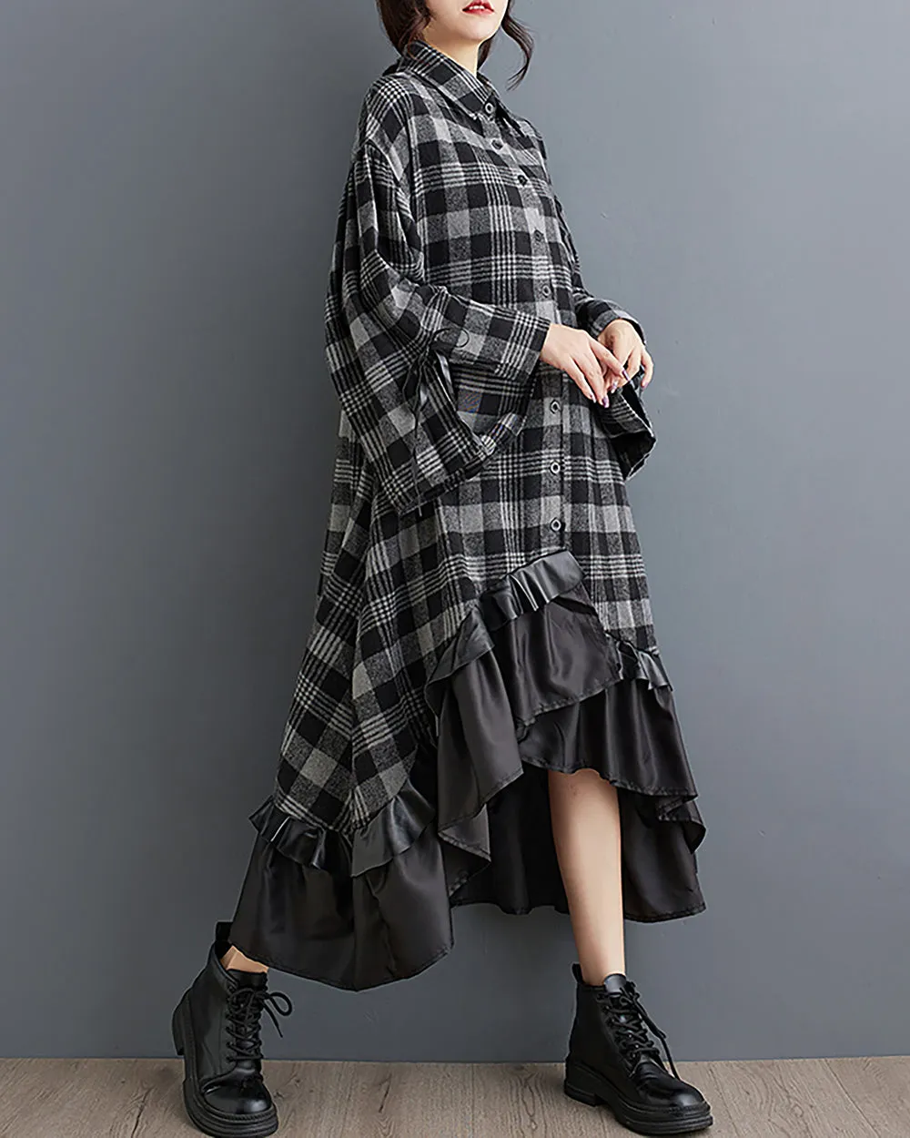 Women's Shirt Dress Lapel Button Down Long Sleeve Black and Grey Plaid High Low Flowy Hem String Loose GZ285